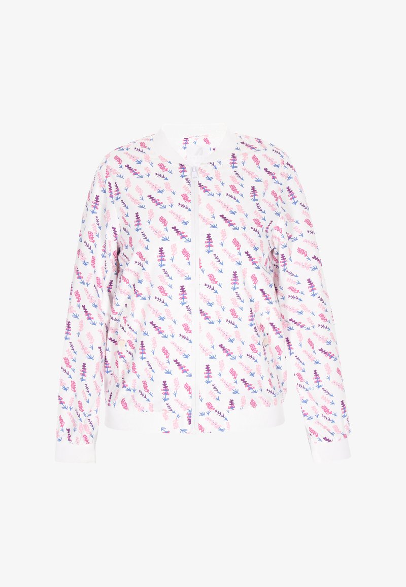 Chaqueta bomber blanca con un patrón floral en rosa, púrpura y azul. Presenta un cierre frontal con cremallera, puños acanalados y una textura suave.