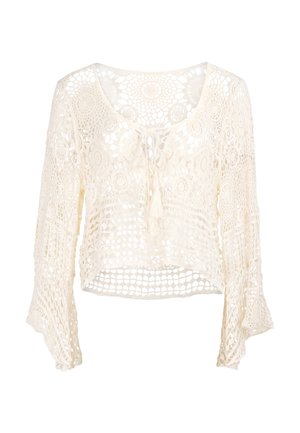 Cremefarbene Häkelspitzenbluse mit langen Glockenärmeln und vorderer Bindung mit Tasseln.