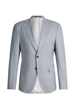 Lichtgrijze herenblazer met twee knopen sluiting, notched revers, klepzakken en witte voering, van voren getoond op een witte achtergrond.