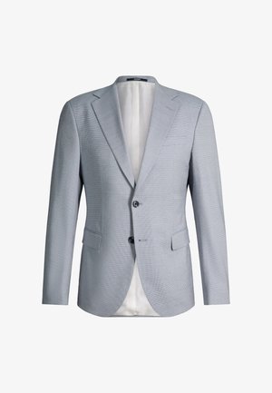 Blazer homme gris clair avec fermeture à deux boutons, revers crantés, poches à rabats et doublure intérieure blanche, présenté de face sur fond blanc.