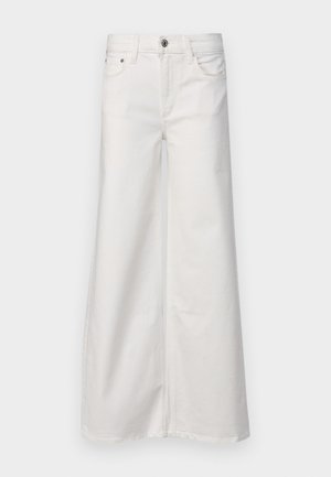 Pantalon en denim blanc à jambes larges avec une taille haute, doté d'une fermeture à bouton à l'avant et de deux poches latérales. Texture de tissu lisse.