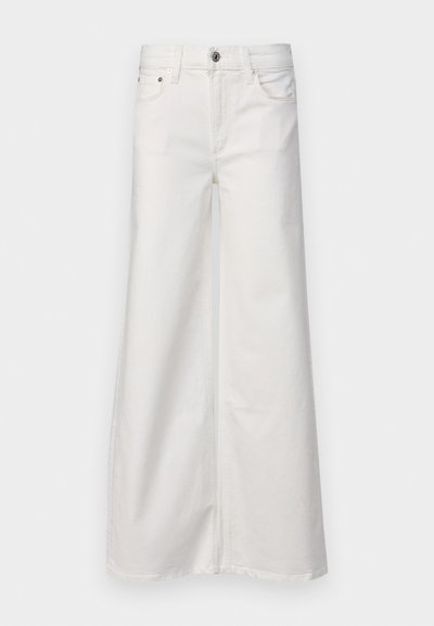 Wide-leg white denim trousers with a high waist, featuring a front button closure, and two side pockets. Smooth fabric texture.