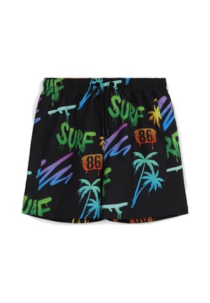 Costume da bagno neri con una stampa grafica che presenta il testo "SURF" verde, palme colorate e accenti di vernice spray in blu, arancione e viola.