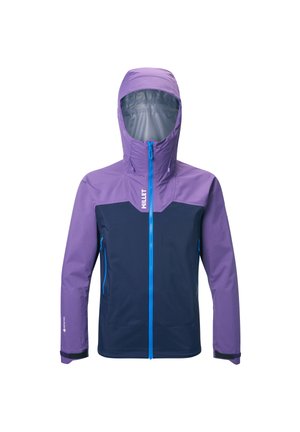 Waterproof outdoor jacket with purple hood and sleeves, navy blue chest, blue zipper, and front zippered pockets.