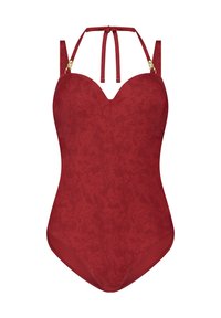Červené jednodílné plavky s texturovaným povrchem, láskyplným výstřihem, nastavitelnými halter ramínky a zlatými akcenty.