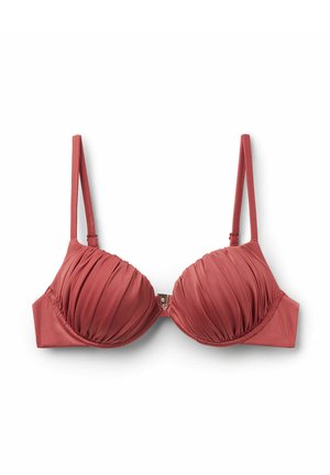Bra in dusty rose, featuring pleated fabric, underwire cups, thin adjustable straps, and a clasp closure at the back.