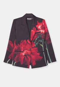 Blazer mit floralem Druck, ausgestattet mit großen roten Blumen auf dunklem Hintergrund, taillierter Form, zwei vorderen Taschen und einer einzelnen Knopfverschluss.
