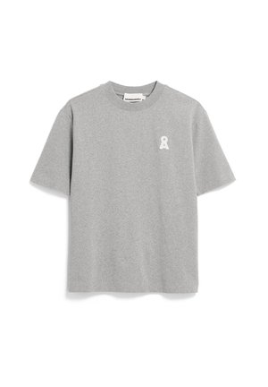 T-shirt gris à manches courtes avec col rond et petit logo blanc en forme de serrure sur le côté gauche de la poitrine.