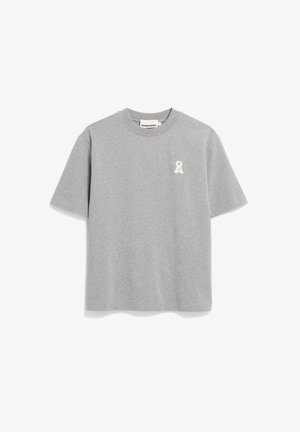 T-shirt gris à manches courtes avec col rond et petit logo blanc en forme de serrure sur le côté gauche de la poitrine.
