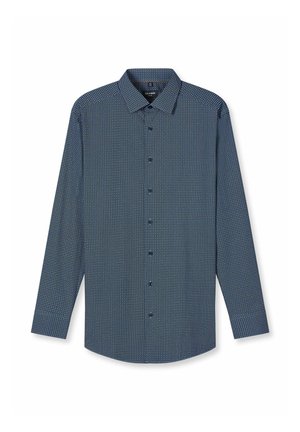 Herren-Langarmhemd mit Knopfleiste, kleinem geometrischem blau-weißem Muster und klassischem Kragen.