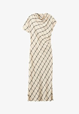 Rochie midi bej cu mâneci scurte și model în carouri negre diagonale, având un detaliu drapat în zona taliei.