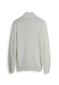 Maglione bianco a coste con colletto alto e maniche lunghe. Presenta un tessuto testurizzato e un retro semplice e liscio, privo di decorazioni.