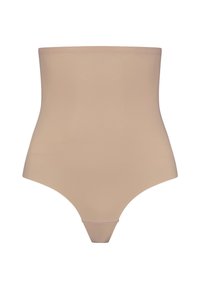 Shapewear beige a vita alta con una texture liscia, design aderente e parte posteriore a perizoma. Superficie continua e uniforme senza cuciture o accentuazioni visibili.