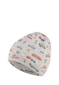 Patterned beanie in light gray fabric featuring colorful illustrations of cars, traffic signs, and trees. Soft, stretchy, rounded design.