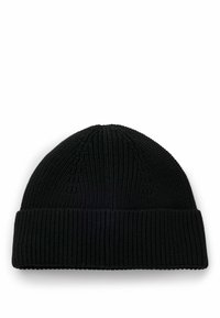 Berretto in maglia nera con una texture a coste, risvolto pieghevole e cima arrotondata. Realizzato in materiale morbido, adatto per il freddo.