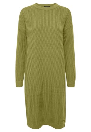Grøn strikket kjole med et struktureret mønster, lange ærmer og rund halsudskæring, med ribbede manchetter og kant.
