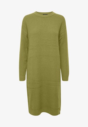 Grøn strikket kjole med et struktureret mønster, lange ærmer og rund halsudskæring, med ribbede manchetter og kant.