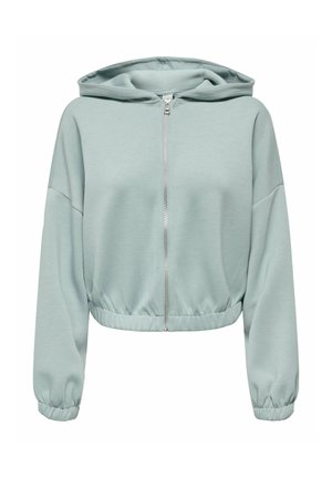 Lysegrøn zip-front hoodie lavet af blødt stof. Har en snøre-hætte, elastiske manchetter og et cropped design med samlet kant.