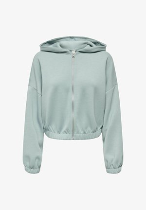 Lysegrøn zip-front hoodie lavet af blødt stof. Har en snøre-hætte, elastiske manchetter og et cropped design med samlet kant.