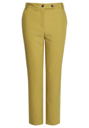 Wąskie spodnie w kolorze musztardowej żółci z wysokim stanem, zapinane z przodu na guziki, o dopasowanych, prostych nogawkach.