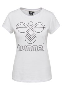 Weißes Baumwoll-T-Shirt mit einem großen schwarzen Linienz drawing-Logo, das abstrakte Formen zeigt, und dem Wort "hummel" in fetten Buchstaben am unteren Rand.