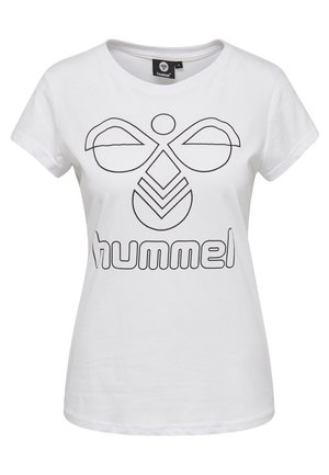 Weißes Baumwoll-T-Shirt mit einem großen schwarzen Linienz drawing-Logo, das abstrakte Formen zeigt, und dem Wort "hummel" in fetten Buchstaben am unteren Rand.