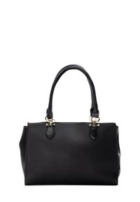 Borsa nera realizzata in pelle texturizzata con dettagli lisci, doppi manici superiori, accessori in tono dorato e forma rettangolare strutturata.