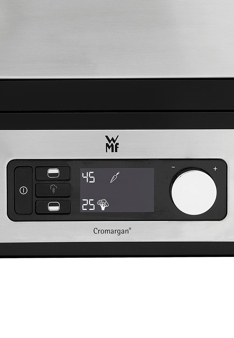 Edelstahl-Bedienfeld mit schwarzen Akzenten, ausgestattet mit einem digitalen Display und Tasten für Einstellungen, einschließlich Timer und Kochoptionen.