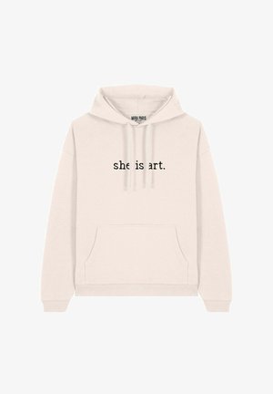 Felpa leggera beige, in cotone, con tasca frontale, cappuccio con cordino e il testo "lei è arte." in nero sulla parte anteriore.
