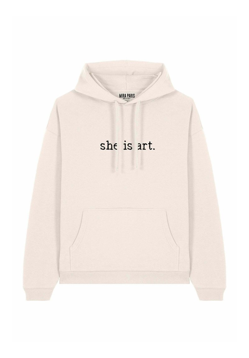 Hoodie beige clair, en matériau coton, avec une poche avant, une capuche à cordon et le texte "elle est de l'art." en noir sur le devant.