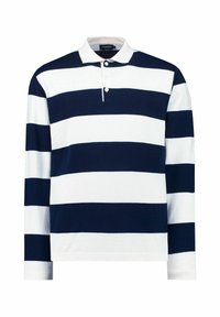 Maglietta polo a maniche lunghe con righe orizzontali blu navy e bianche, realizzata in un tessuto morbido con colletto classico e patta con tre bottoni.