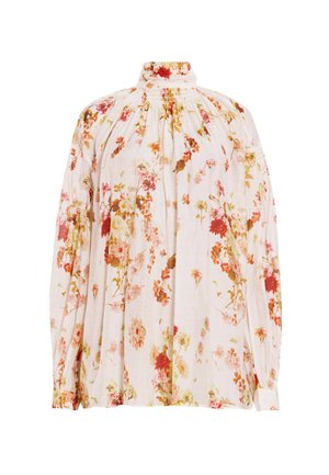 Blumenbluse aus weichem, leichtem Stoff. Sie hat einen hohen Kragen, lange Ärmel und einen lockeren Schnitt mit zahlreichen bunten Blumenmustern.