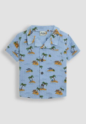 Srajca s kratkimi rokavi v modri barvi z vzorcem palme in dinozavra, z gumbastim zapenjanjem spredaj in žepom na prsih. Bombažno mešanico tkanine, z teksturirano površino.