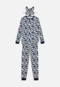 Conjunto de pijama para niños con mangas largas y pantalones en color crema con un patrón abstracto de olas en azul marino; incluye una máscara que imita características de animales.