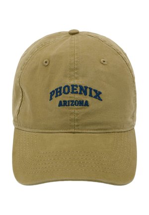 Kaki šiltovka s vyšívaným textom „PHOENIX“ a „ARIZONA“ v modrej farbe na prednej stredovej časti.