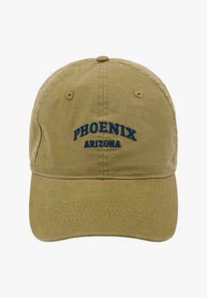 Kaki šiltovka s vyšívaným textom „PHOENIX“ a „ARIZONA“ v modrej farbe na prednej stredovej časti.