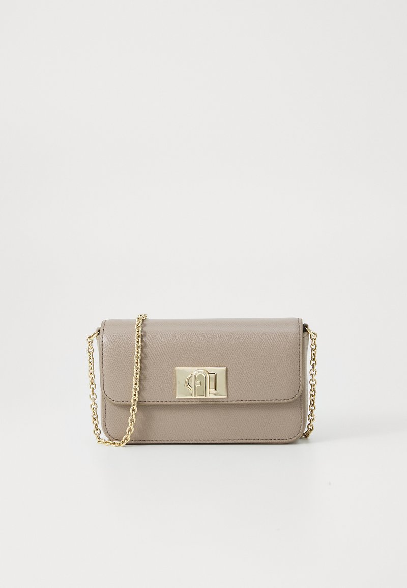 Beige leather crossbody bag with a flap closure, gold hardware, and a chain strap. Smooth texture and rectangular shape.