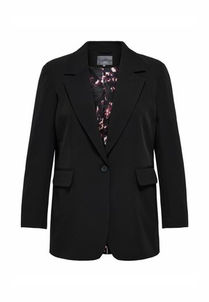 Blazer noir avec un design structuré, des revers crantés, deux poches avant et une fermeture à bouton. Doublé d'un motif floral rose et violet.