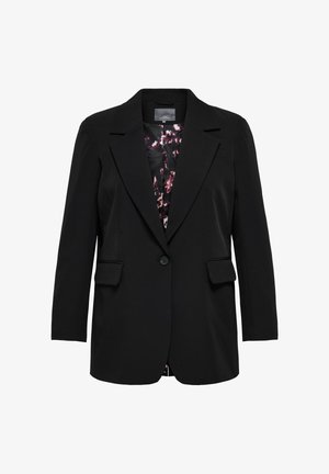 Sort blazer med en struktureret design, køresnit, to frontlommer og knaplukning. Foret med et blomstret mønster i lilla og pink.