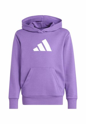 Paarse hoodie met voorkangoeroezak en wit Adidas-logo centraal op de borst, lange mouwen en een aangesloten zoom en manchetten.