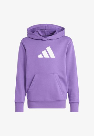 Sudadera con capucha morada con bolsillo canguro delantero y logo blanco de Adidas centrado en el pecho, mangas largas y dobladillo y puños ajustados.
