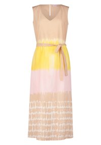 Maxi šaty bez rukávů s výstřihem do V, s gradientem žluté, růžové a béžové barvy. Ozdobný pásek v pase, texturovaný vzor na lemu.