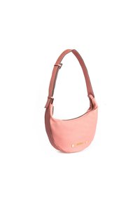 Pink leather shoulder bag with a curved design, adjustable strap, and gold-tone hardware accents. Features a zippered closure and textured surface.