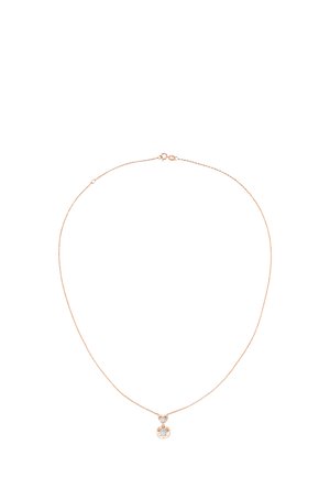 Collana in oro rosa con un delicato pendente che presenta due gemme trasparenti, una rotonda più grande e una ovale più piccola.