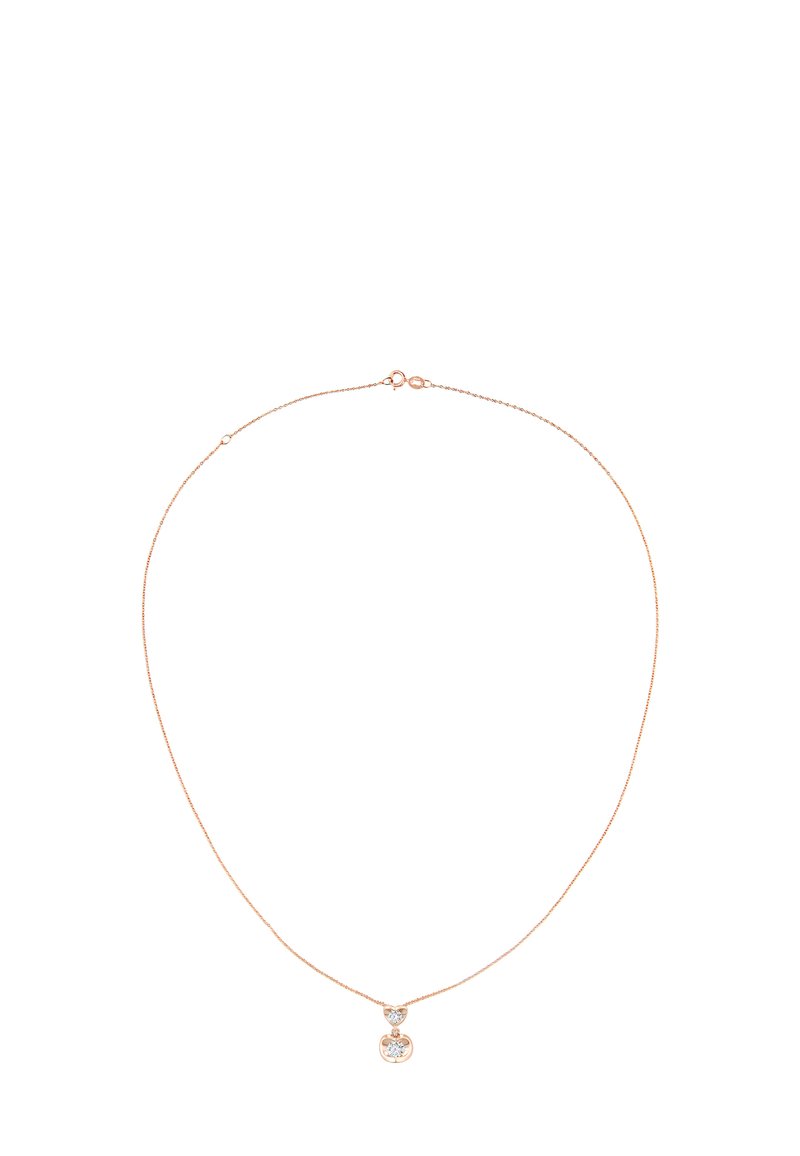 Collana in oro rosa con un delicato pendente che presenta due gemme trasparenti, una rotonda più grande e una ovale più piccola.