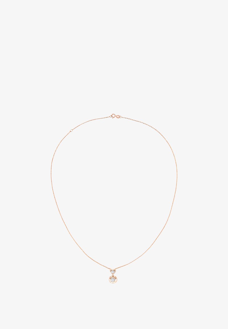 Collana in oro rosa con un delicato pendente che presenta due gemme trasparenti, una rotonda più grande e una ovale più piccola.