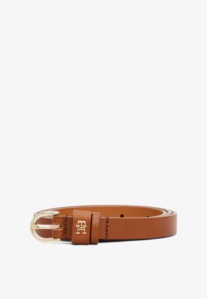 Brown leather belt with a gold-tone metal buckle. Features a logo accent and precise stitching along the edges. Smooth texture.