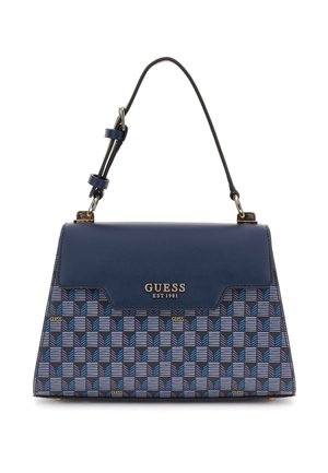 Niebieska i czarna torebka Guess w wzory z górnym uchwytem, złotą tabliczką z logo "GUESS EST 1981" oraz regulowanymi pętlami na pasek.