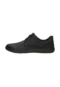 Scarpe nere con lacci realizzate in materiale sintetico, con una texture liscia, punta tonda e suola in gomma flessibile con dettagli minimi.