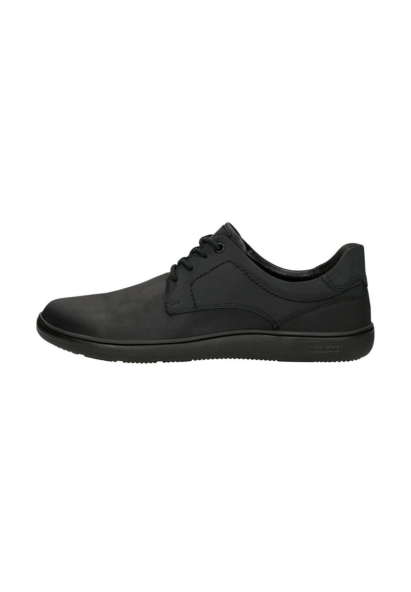 Scarpe nere con lacci realizzate in materiale sintetico, con una texture liscia, punta tonda e suola in gomma flessibile con dettagli minimi.